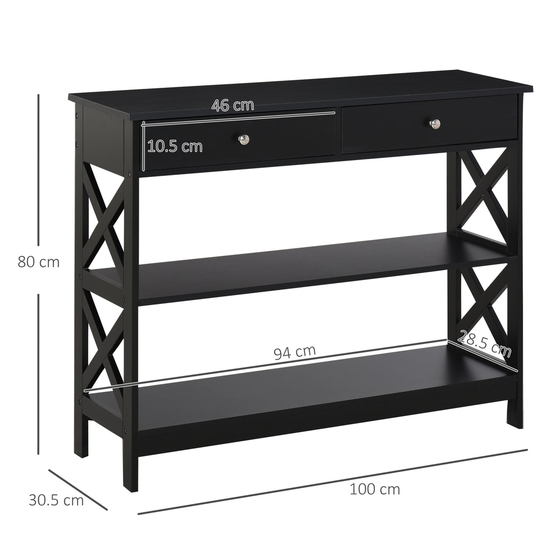 MCL Console Table Side Desk w/ Shelves Drawers Open Top X Support Frame Living Room Hallway Home Office Furniture Black