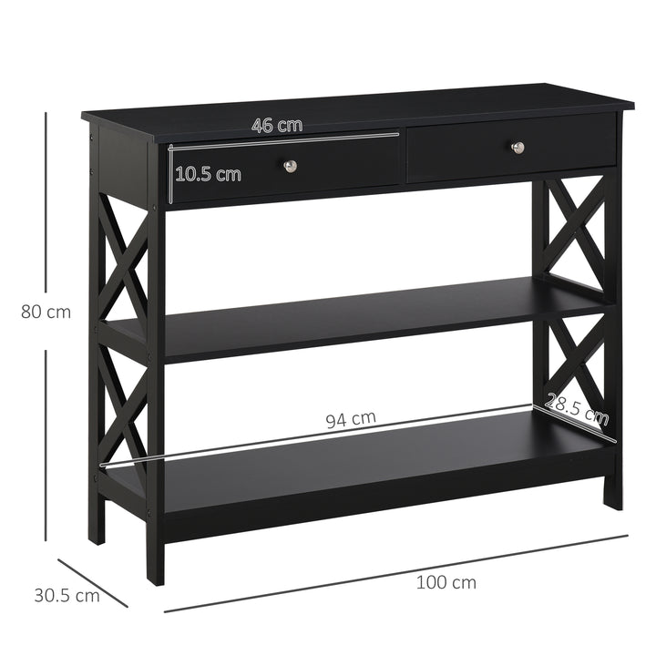 MCL Console Table Side Desk w/ Shelves Drawers Open Top X Support Frame Living Room Hallway Home Office Furniture Black
