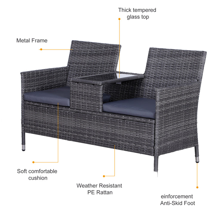 2-Seater PE Rattan Outdoor Garden Bench w/ Centre Table Grey
