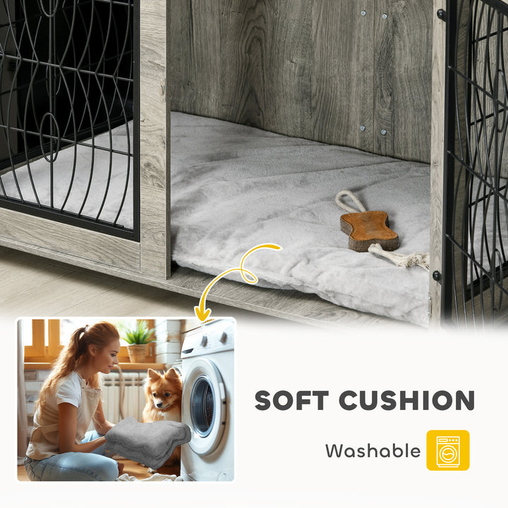 Indoor Dog Crate Furniture End Table with Soft Washable Cushion, Lockable Front Door, for Extra Large Dogs - Grey