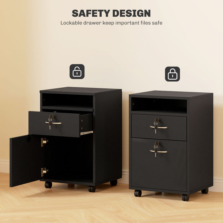 60cm Filing Cabinet with Drawer, Open Shelf, Metal Handles and 4 Wheels, Office Home Organiser Mobile Printer with Two Locks, Black
