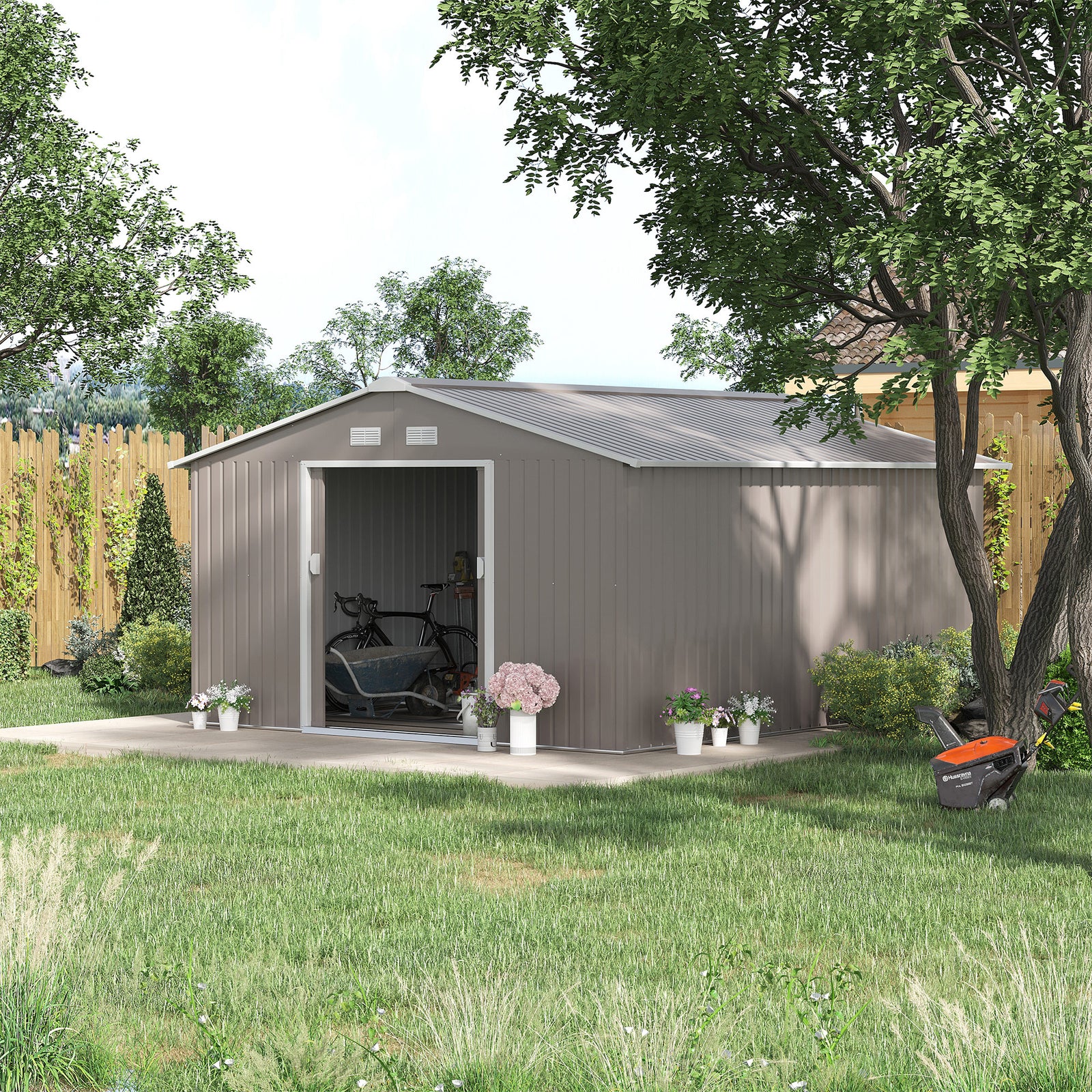 13 x 11ft Large Garden Shed, Mental Garden Storage Shed with Foundation Kit Ventilation & Doors, Light Grey