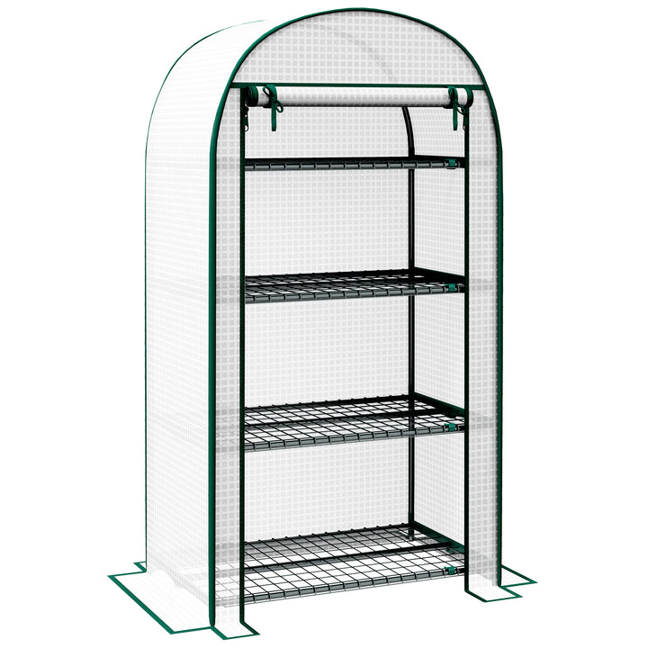 4 Tier Mini Greenhouse for Outdoor, Portable Gardening Plant Green House with Storage Shelf, Roll-Up Zipped Door, Metal Frame and PE Cover, 80 x 49 x 160cm, White