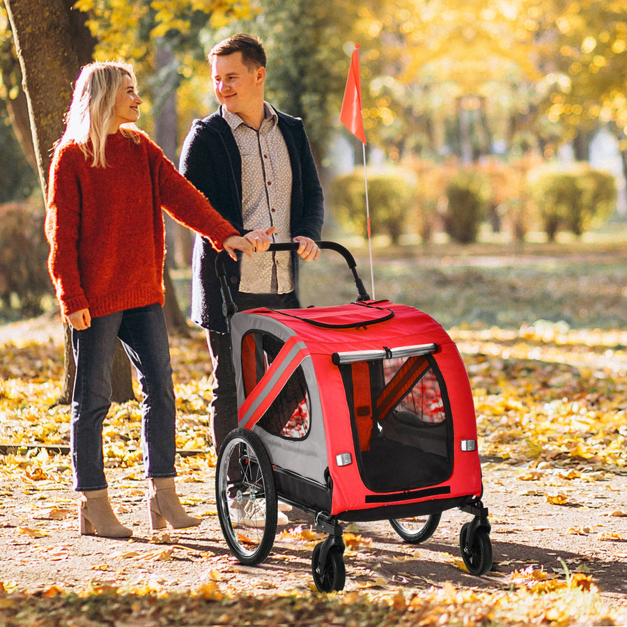 2-In-1 Dog Bike Trailer Pet Stroller with Universal Wheel Reflector Flag Red