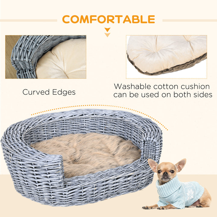 Wicker Pet Bed Willow Dog Cat Sofa Couch Puppy Basket with Cushion Grey 57L x 46W x 17.5H cm