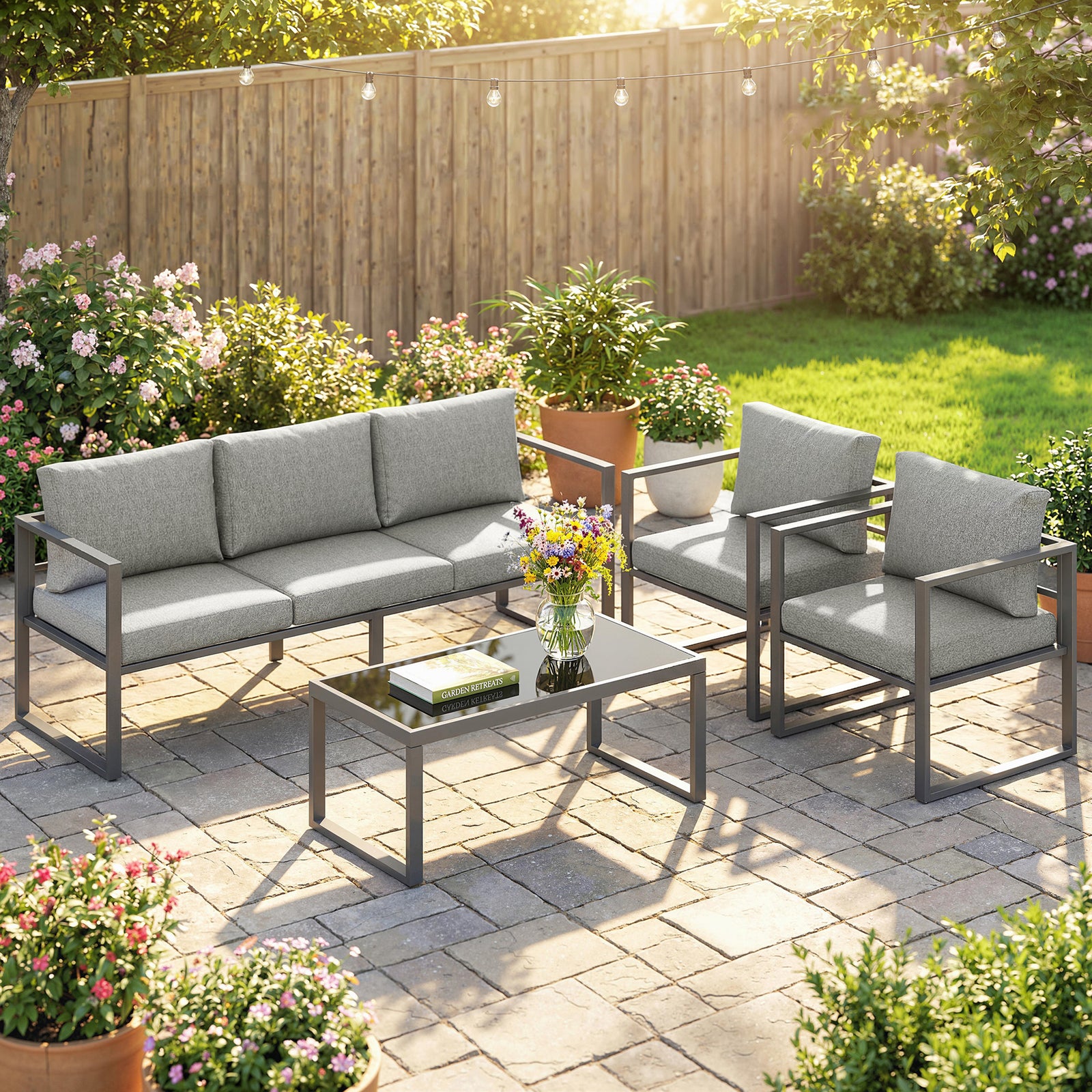 4 Piece Outdoor Garden Furniture Set, Patio Furniture with 3-Seater So