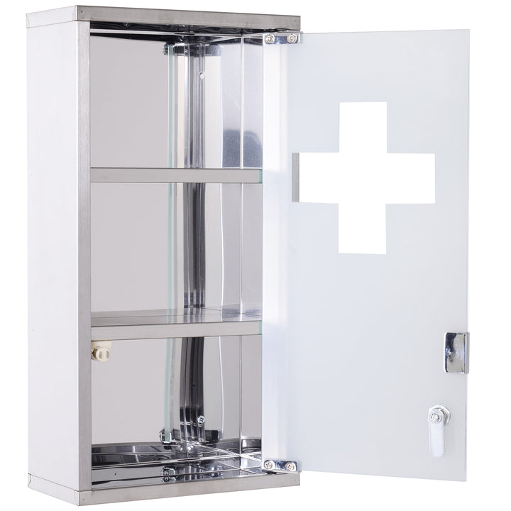 HOMCOM Lockable Medicine Cabinet: Stainless Steel Wall-Mounted Unit with 2 Shelves & Security Glass Door, 48cm Height | Aosom UK