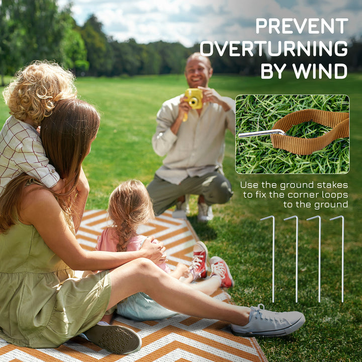 Reversible Outdoor Rug, Plastic Straw Mat w/ Carry Bag Ground Stakes for Garden RV Picnic Beach Camping 182x274cm Brown