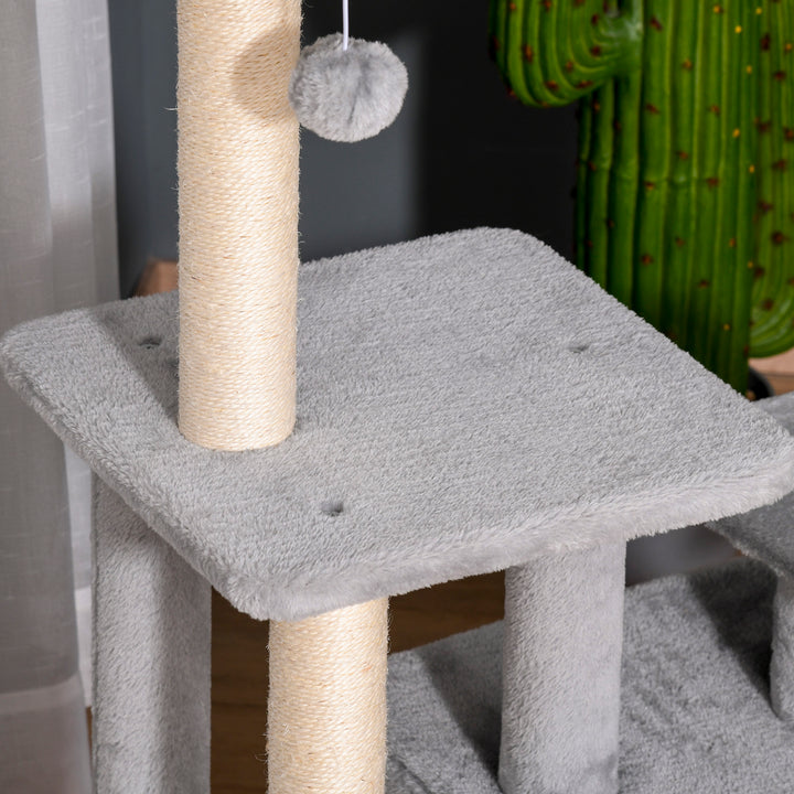 PawHut Feline Fun Tower: 114cm Tall Activity Centre with Scratching Posts, Perch, Dangling Ball & Condo, Light Grey | Aosom UK