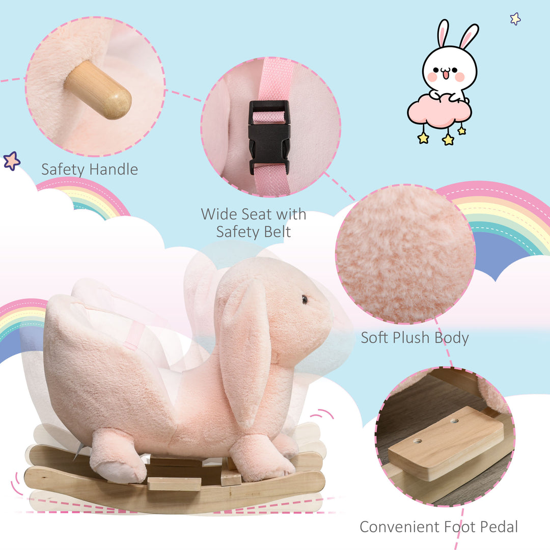 Kids Rocking Rabbit, Plush Rocking Horse Ride-On w/ Sound, Wood Base, Seatbelt, for Ages 18-36 Months, Pink