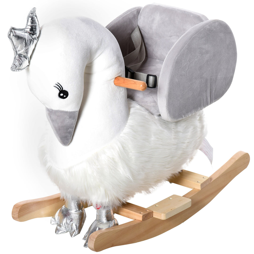 MCL Kids Rocking Horse, Children Plush Ride On Swan Animal Rocker w/ Sound, Wood Base Seat, Safety Belt, Baby Toy Rocker for Toddler 18 - 36 Months, White and Grey