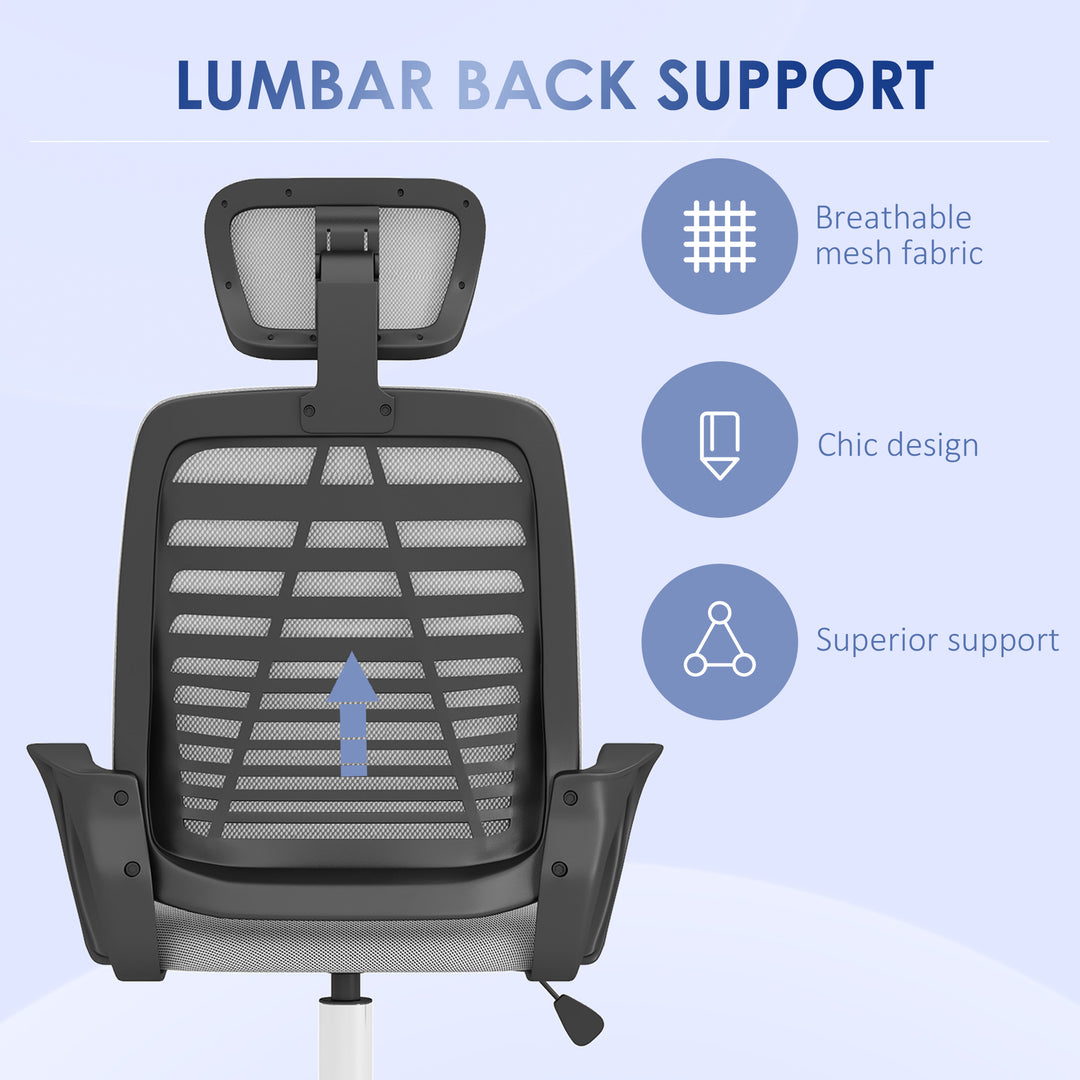 Vinsetto Office Chair, Ergonomic, Mesh Desk Chair with Rotatable Headrest, Lumbar Back Support, Armrest, Grey.