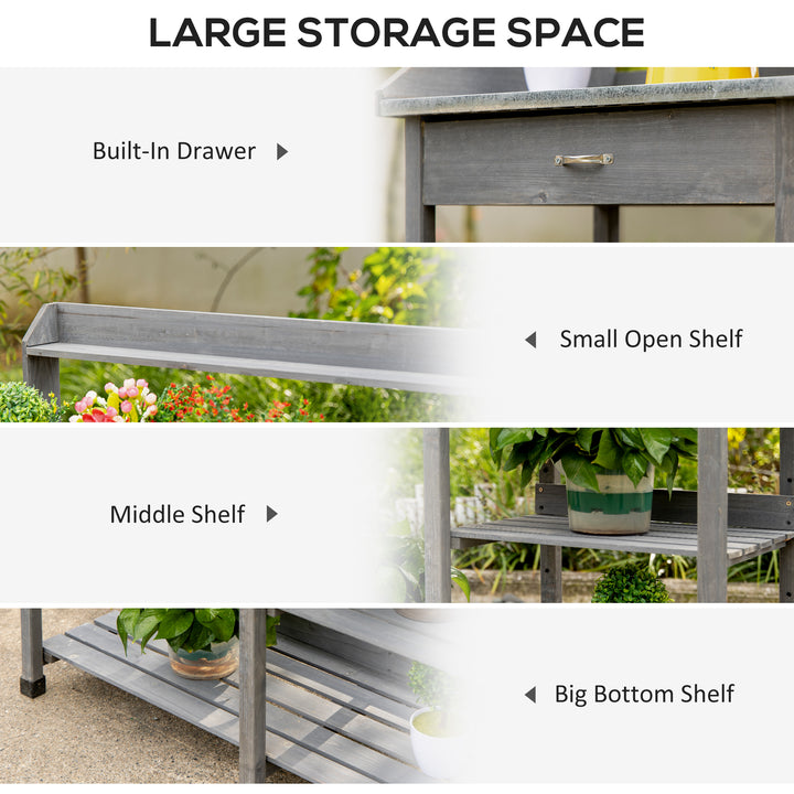 Garden Potting Table, Wooden Workstation Bench w/ Galvanized Metal Tabletop, Drawer, Storage Shelves and Hooks for Patios, Courtyards, Balcony