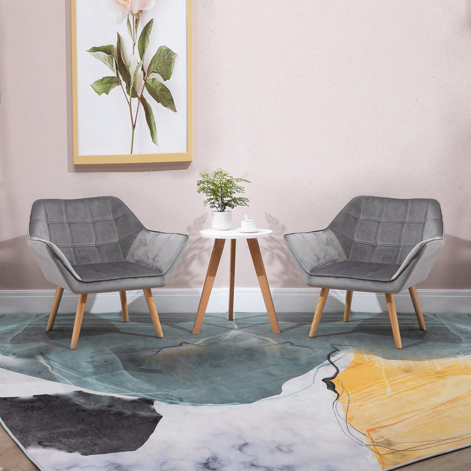 Armchair Accent Chair, Vanity Chair with Wide Arms, Slanted Back, Padding, Metal Frame, Wooden Legs, Home Bedroom Furniture Seating, Grey