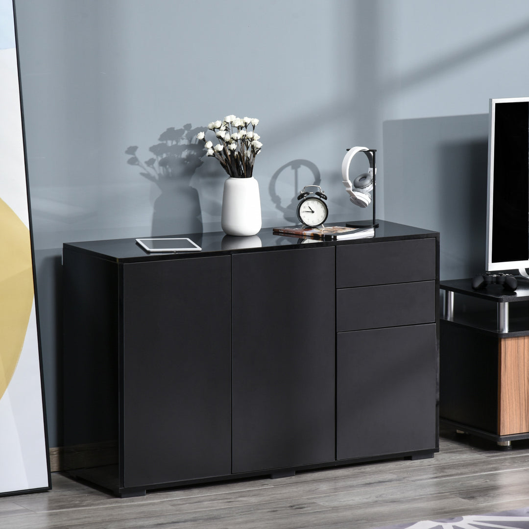 MCL High Gloss Side Cabinet, Push-Open Design with 2 Drawers and 2 Cabinets for Living Room, 74H x 117W x 36Dcm, Black