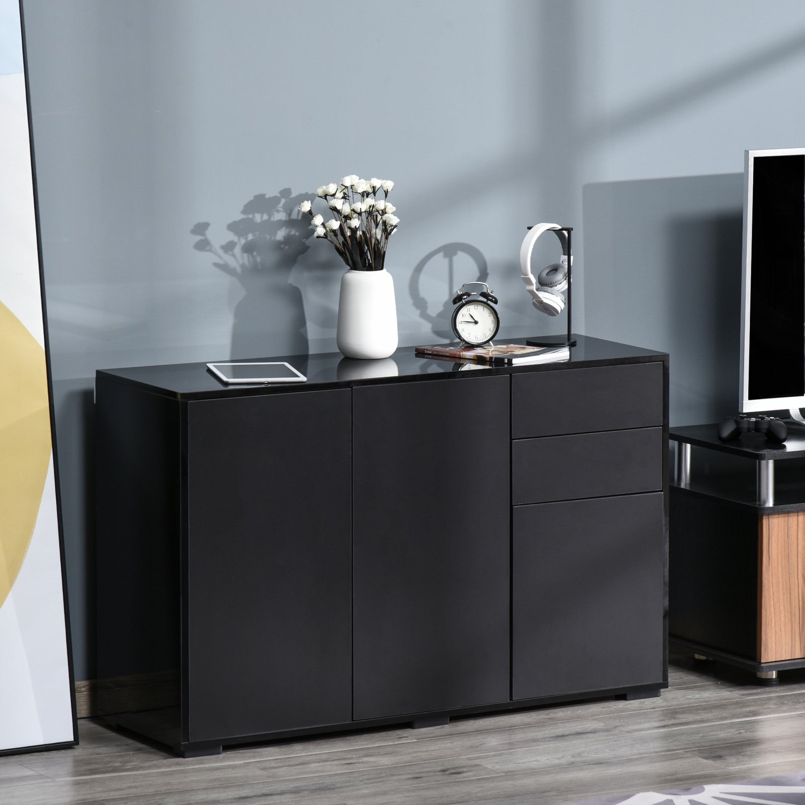 High Gloss Side Cabinet, Push-Open Design with 2 Drawers and 2 Cabinets for Living Room, 74H x 117W x 36Dcm, Black
