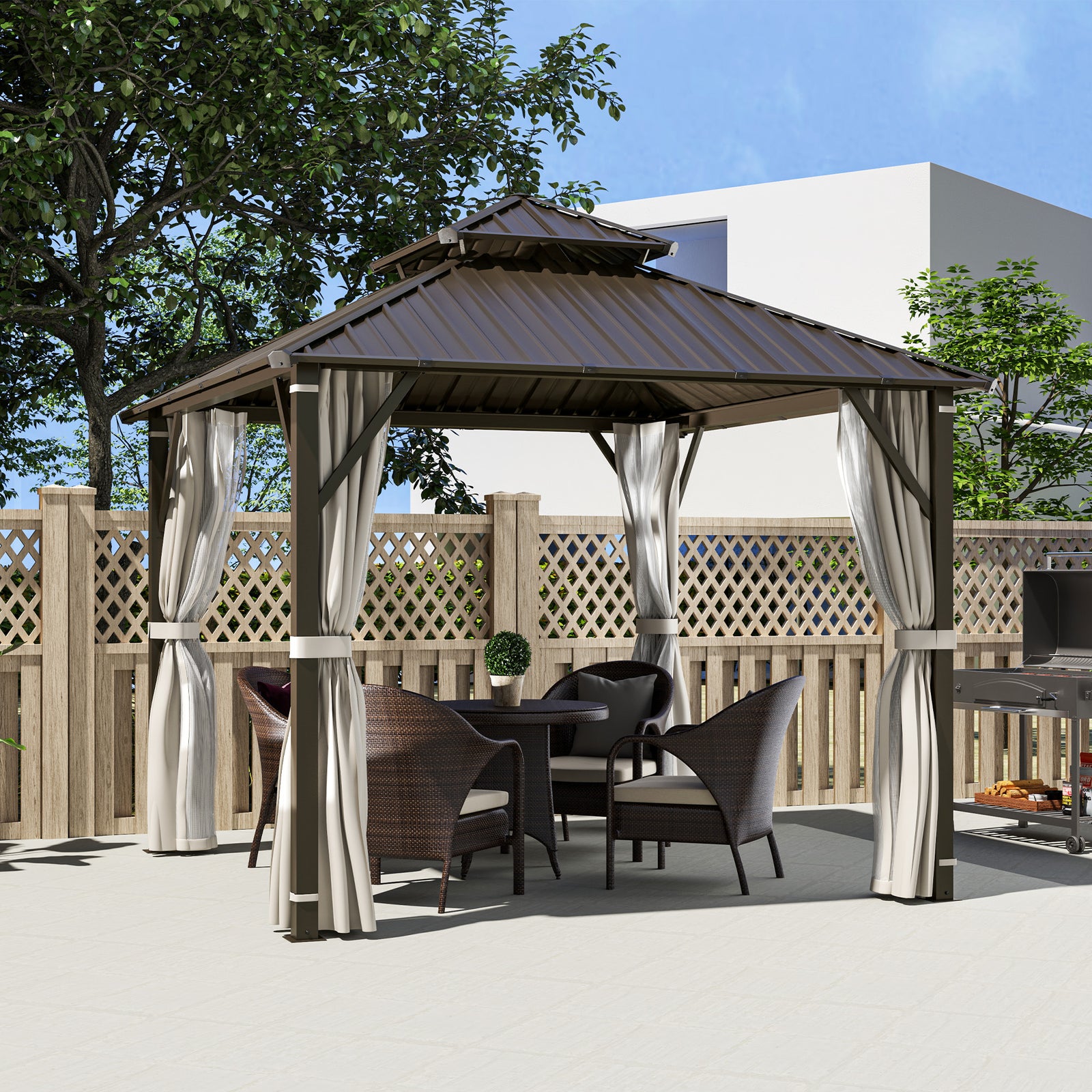 3 x 3(m) Hardtop Gazebo Canopy with Double Metal Roof, Waterproof Permanent Pavilion Garden Gazebo with Netting and Curtains, Easy to Assemble