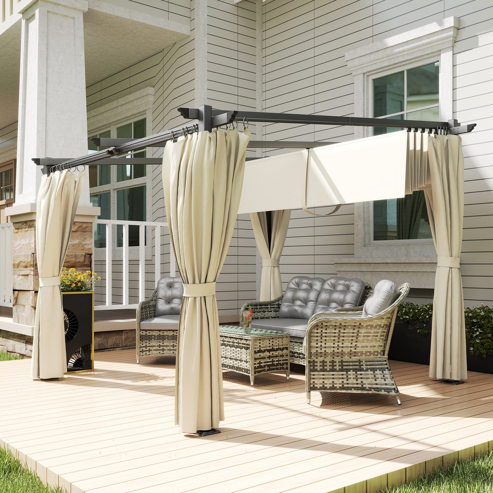 3 x 3 m Retractable Roof Pergola, with Curtains - Beige