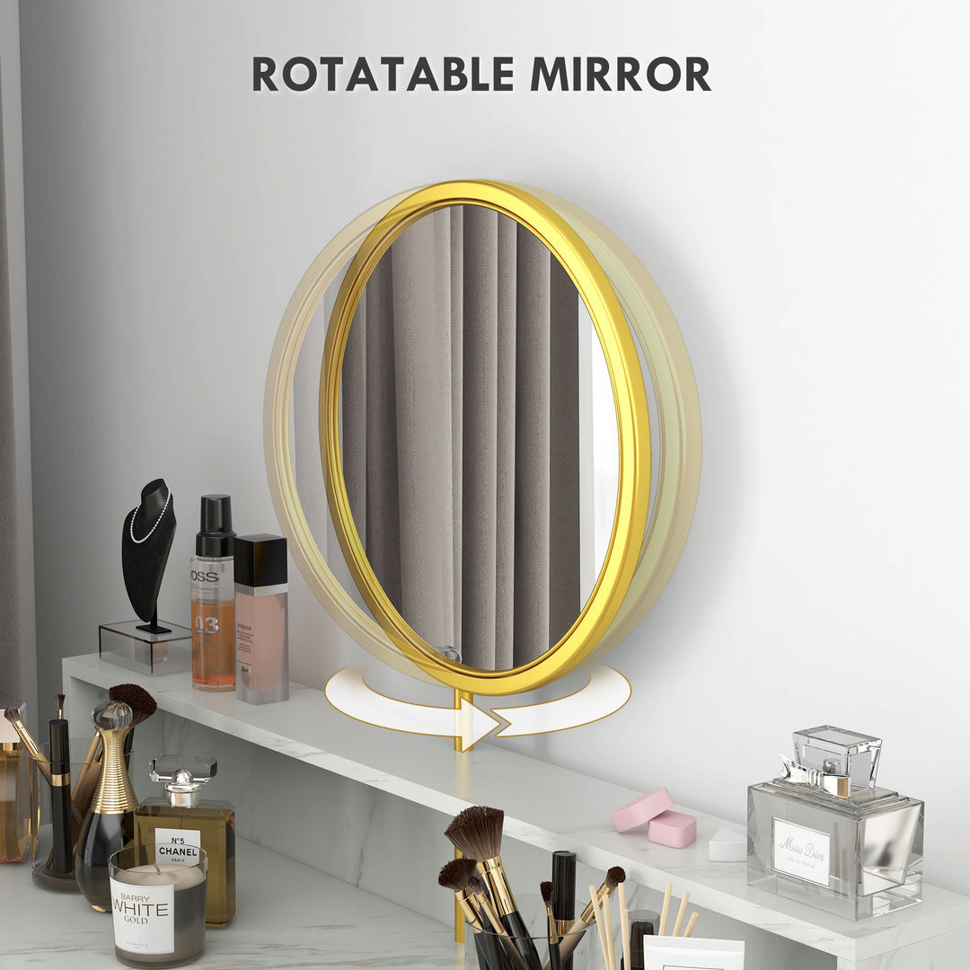 HOMCOM Vanity Dressing Table with Round Mirror, Modern Makeup Desk with Open Storage, Faux Marble & Steel Frame for Bedroom, White | Aosom UK