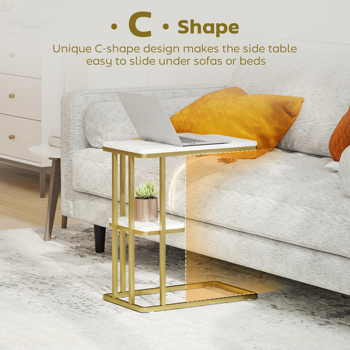 MCL C-Shaped Narrow Side Table, 2-Tier Slim End Table, Nightstand for Small Spaces, Living Room, Bedroom, White Marble Grain