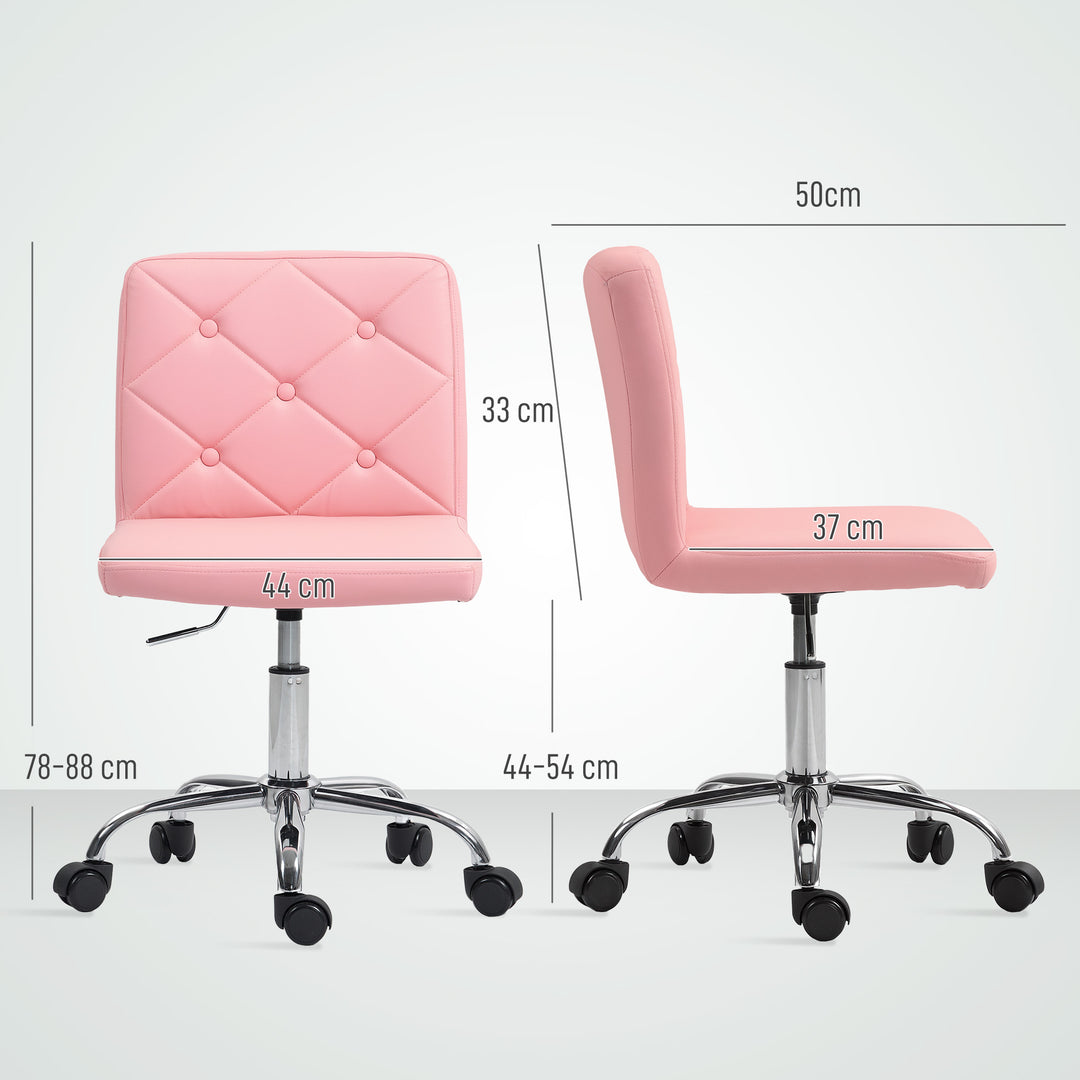 PU Leather Armless Office Chair, Modern Vanity Computer Swivel Chair with Rolling Wheels and Adjustable Height for Home Study, Bedroom, Pink