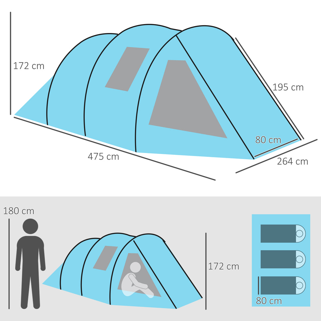 3-4 Man Tunnel Tent, Two Room Camping Tent with Windows, Portable Carry Bag, for Fishing, Hiking, Sports, Festival - Blue