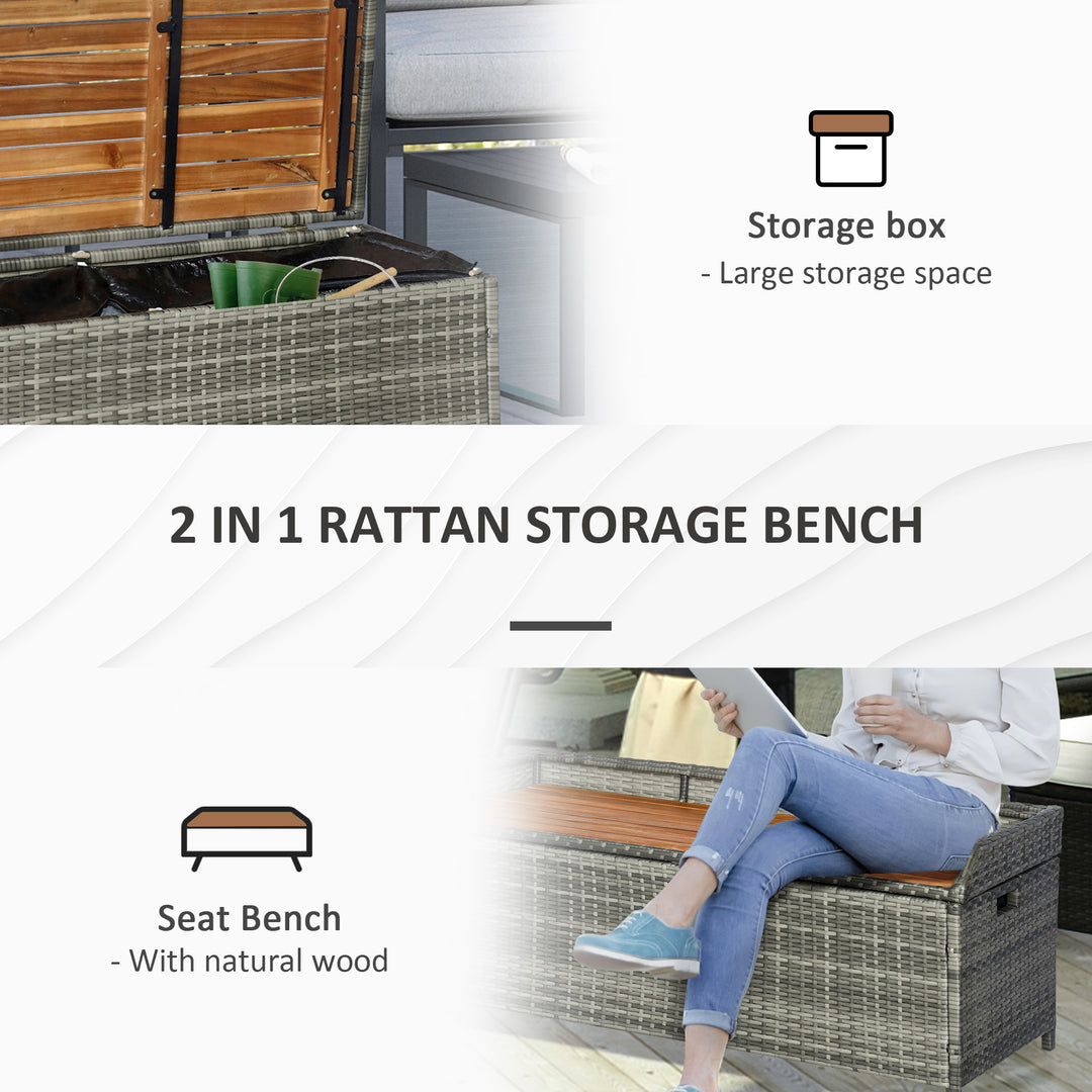 Patio Wicker Storage Bench Box, Outdoor Garden PE Rattan Pool Storage Deck Bin Box w/ Natural Wood Top, Lid, Ideal for Storing Tools, Accessories and Toys, Mixed Grey