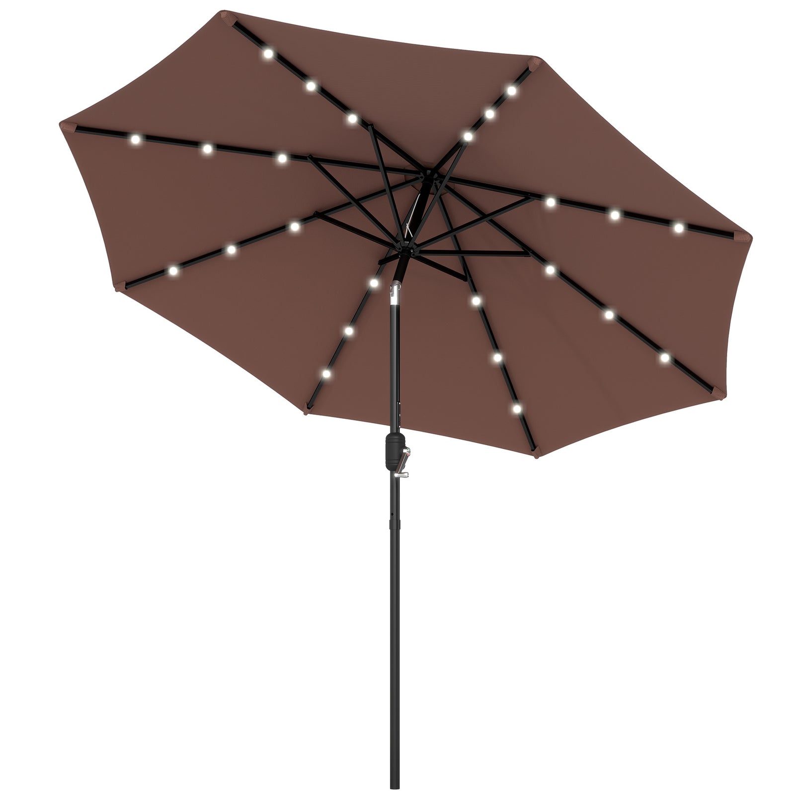Φ2.7m Garden 24 LED Light Parasol Solar Outdoor Tilt Sun Umbrella Patio Club Party Event Manual Sun Shade w/ Hand Crank and 8 Ribs, Brown