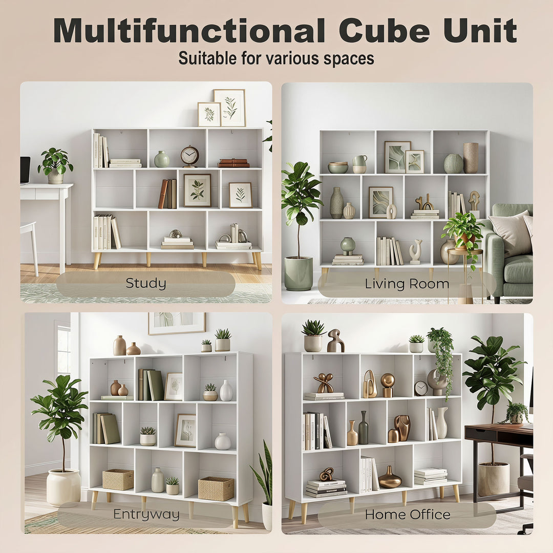 10-Cube Bookcase, 3-Tier Book Shelf with Solid Wood Legs, 140 cm Moder