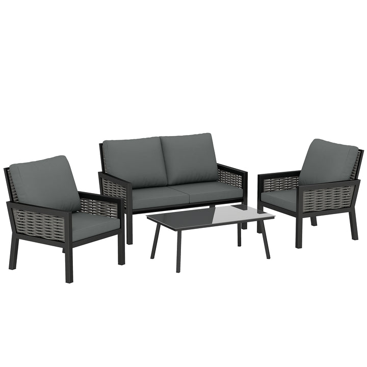 4 Seater Rattan Garden Furniture Set with 2 Armchairs, Loveseat, Coffe