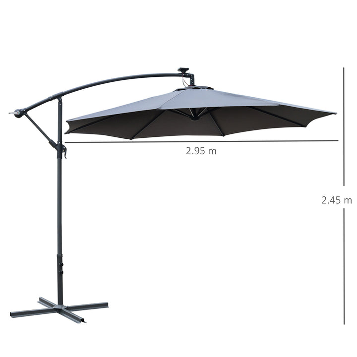 Outsunny LED Banana Parasol, 3m Garden Cantilever Umbrella with Solar Lights, Crank Handle & Cross Base, Grey