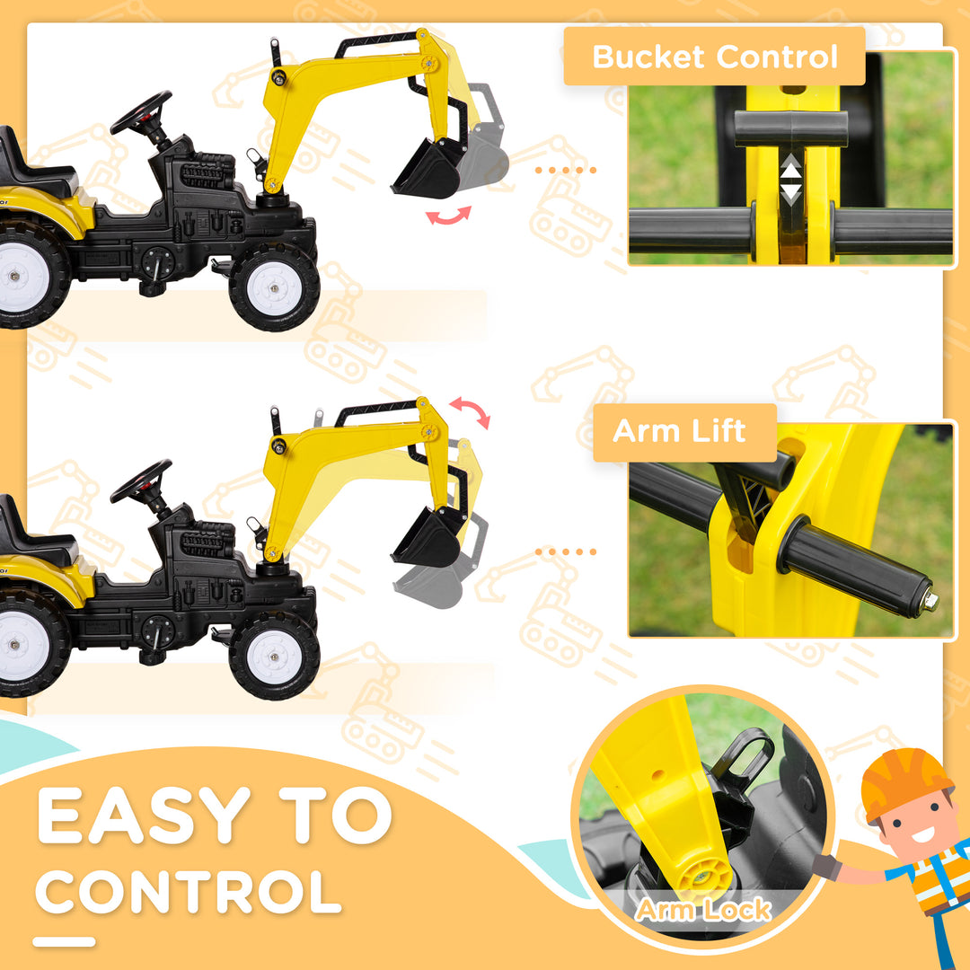 Kids Ride on Digger Pedal Go Kart Pretend Play Construction No Power Truck with Horn for 3 - 6 Years, Yellow