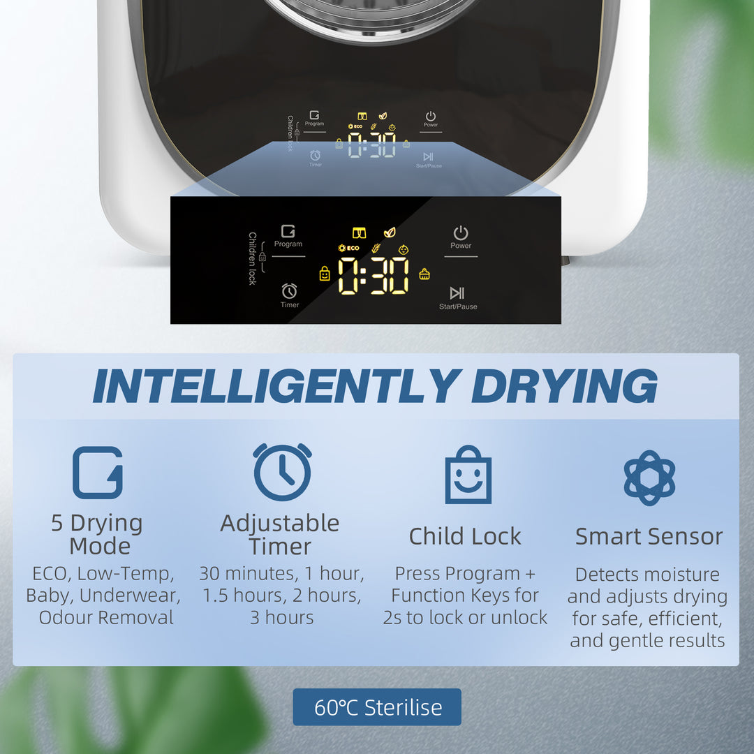 MCL 4kg Vented Tumble Dryer, 800W Compact Freestanding Front Tumble Dryer with 5 Drying Mode, Smart Sensor, Timer and Stainless Steel Tub, Wall-Mounted Portable Small Clothes Drying Machine, White