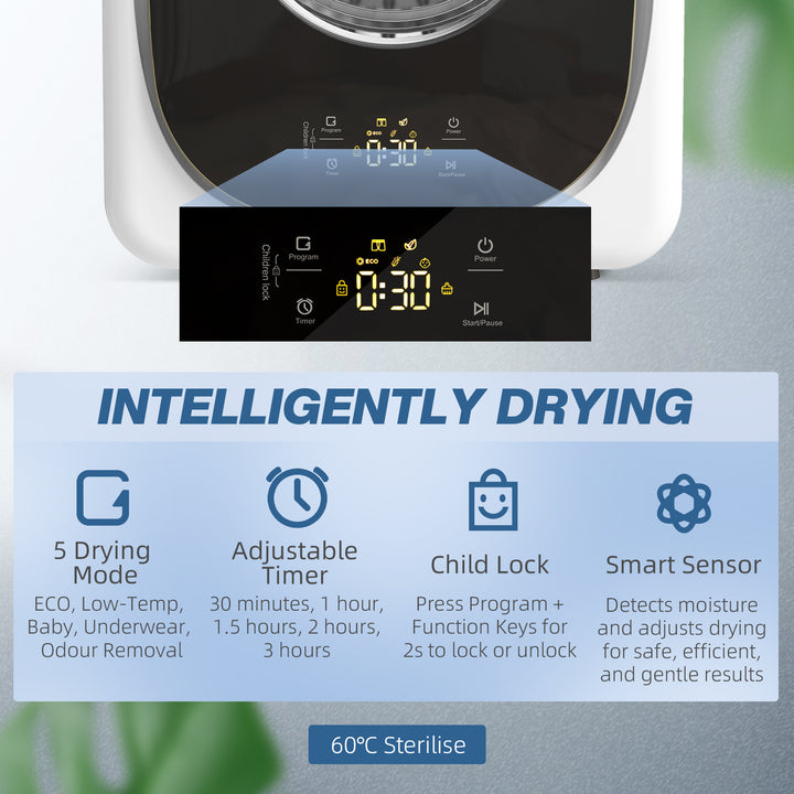 MCL 4kg Vented Tumble Dryer, 800W Compact Freestanding Front Tumble Dryer with 5 Drying Mode, Smart Sensor, Timer and Stainless Steel Tub, Wall-Mounted Portable Small Clothes Drying Machine, White