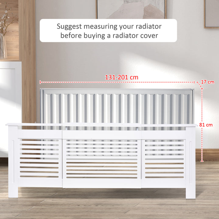 MCL MDF Extendable Radiator Cover Cabinet Shelving Home Office Slatted Design White 139-208.5L x 20.5W x 82.5H cm