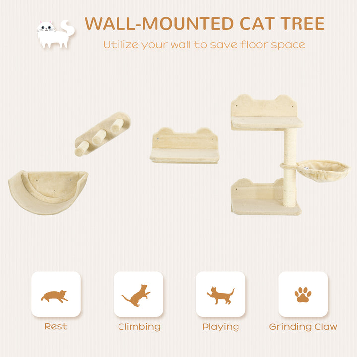 PawHut Wall-mounted Cat Shelves Set, Climbing Activity Centre with Hammock, Scratching Post & Jumping Platform for Kittens, Beige | Aosom UK