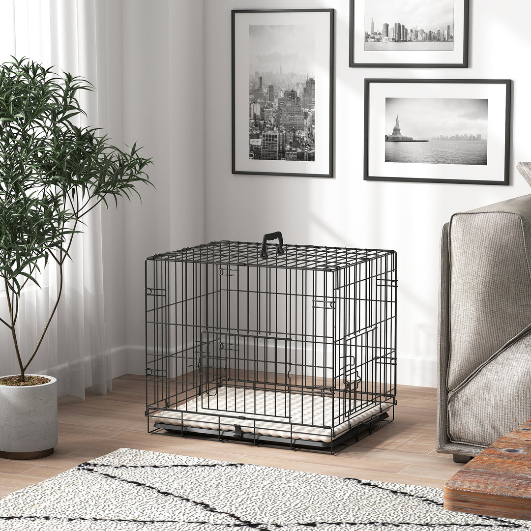Foldable Dog Crate with Two Doors with Tray, Soft Cushion, for Extra Small Dogs, 60 x 40 x 50, Black