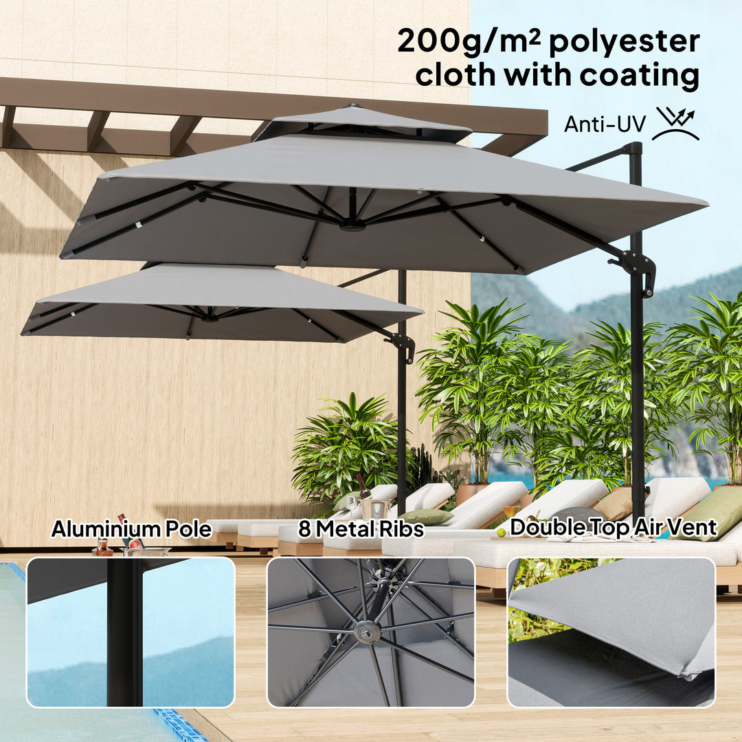 3 x 3(m) Cantilever Parasol with Aluminium Frame, Crank and Tilt, 360-Degree Rotation, Double Top Garden Umbrella with Cover (Only Cross Base), Light Grey