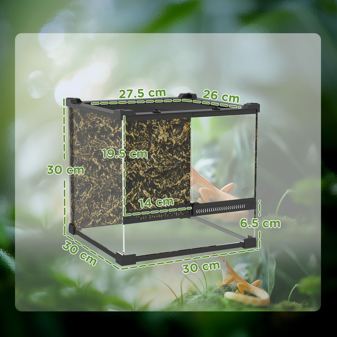 Reptile Glass Terrarium with Stone Background, Front Ventilation, Escape-Proof Knob Lock, 30 x 30 x 30 cm, Black