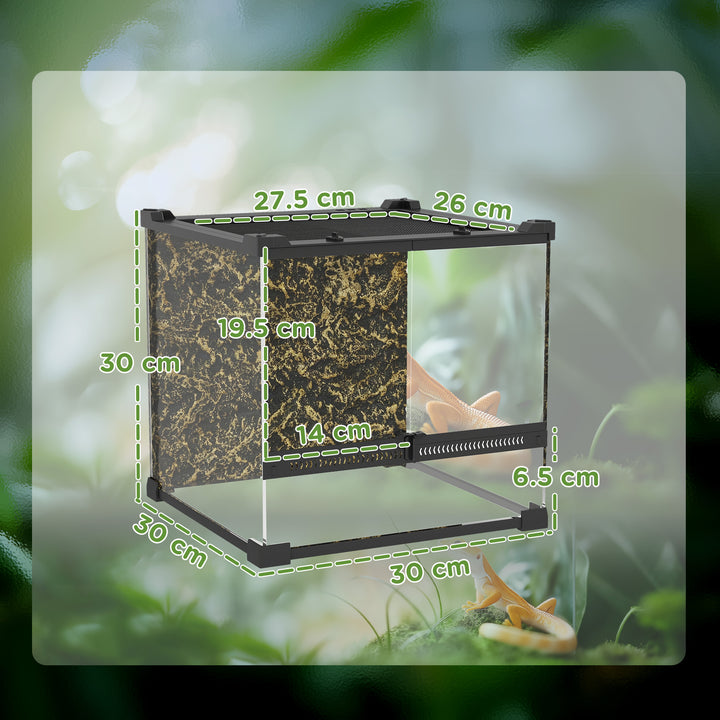 Reptile Glass Terrarium with Stone Background, Front Ventilation, Escape-Proof Knob Lock, 30 x 30 x 30 cm, Black
