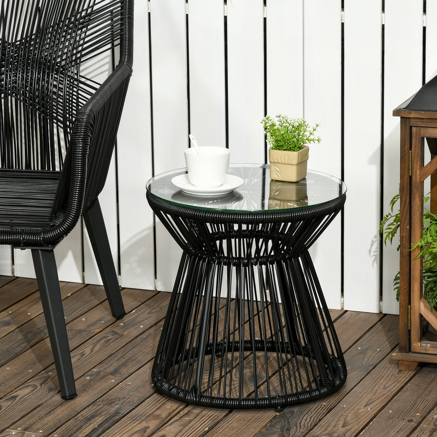 Round End Table, Rattan Side Table, Hollow Drum Design Coffee Table w/ Glass Tabletop for Patio, Garden, Balcony Black