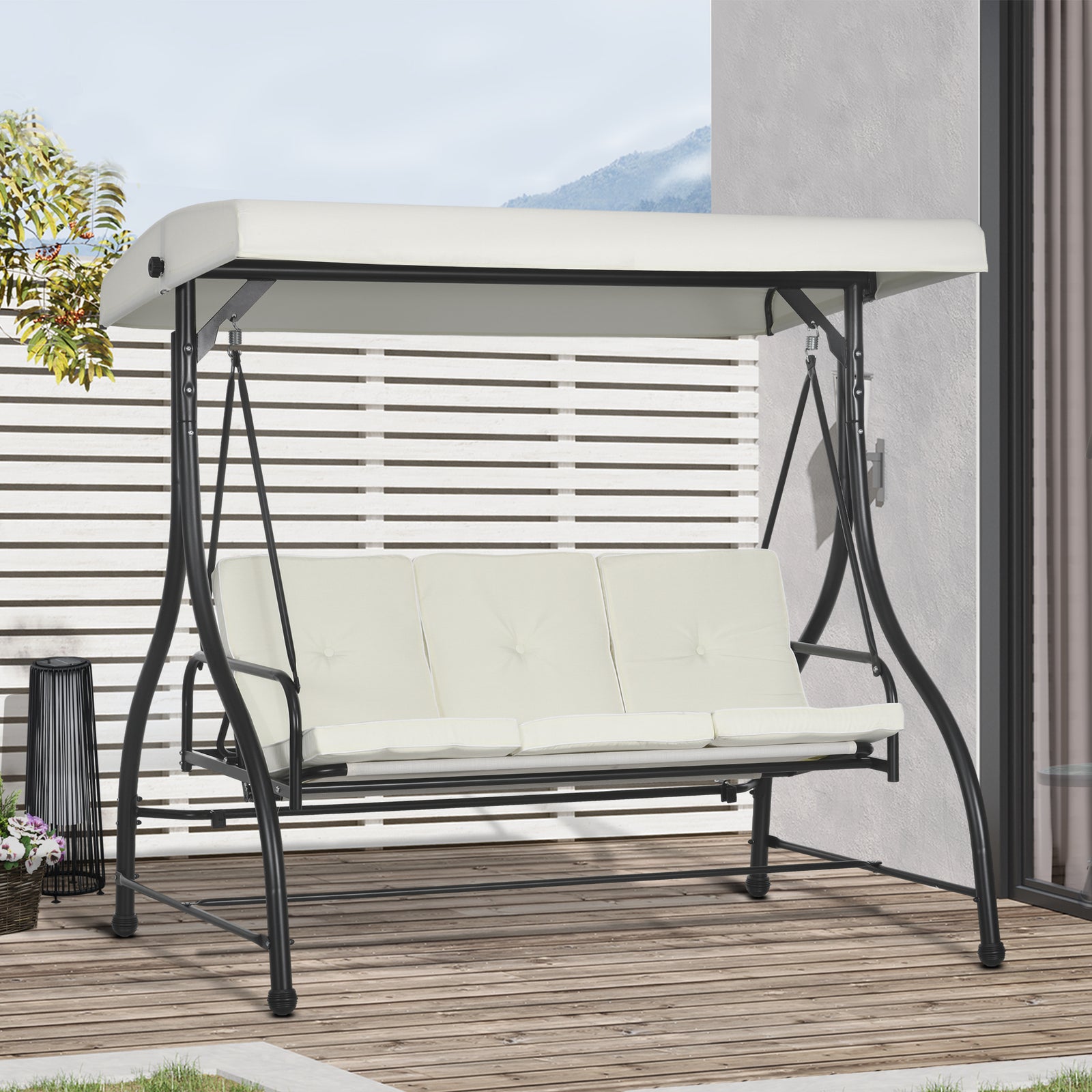 3 Seater Canopy Swing Chair, 2 in 1 Garden Swing Seat Bed, with Adjustable Canopy and Metal Frame, Cream White