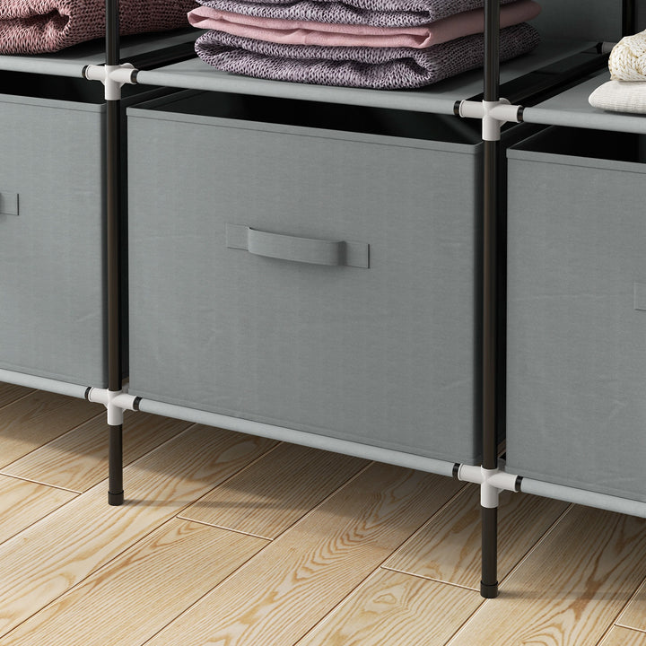 Fabric Wardrobe for Bedroom, Portable Cloth Wardrobe with 10 Compartments, 2 Hanging Rails and 4 Fabric Drawers, 166 x 42.5 x 169.5cm, Dark Grey