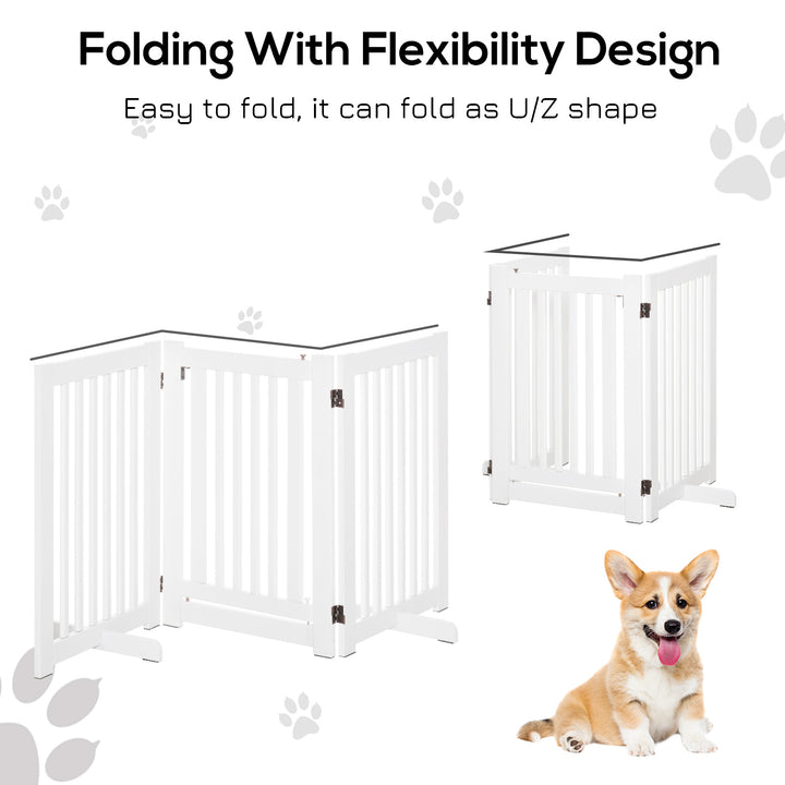PawHutPet Gates MDF Freestanding Expandable Dog Gate Wood Doorway Pet Barrier Fence w/ Latched Door White
