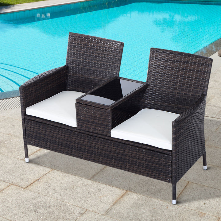 Outsunny Garden Rattan 2 Seater Companion Seat Wicker Love Seat Weave Partner Bench w/ Cushions Patio Outdoor Furniture (Brown) | Aosom UK