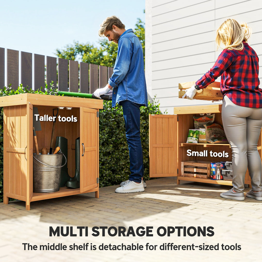 Small Shed, Wooden Garden Shed with Openable Hinged Roof and Removable Shelf, Outdoor Tool Storage Cabinet Chest with Double Doors, 74 x 43 x 88 cm, Natural Wood Finish