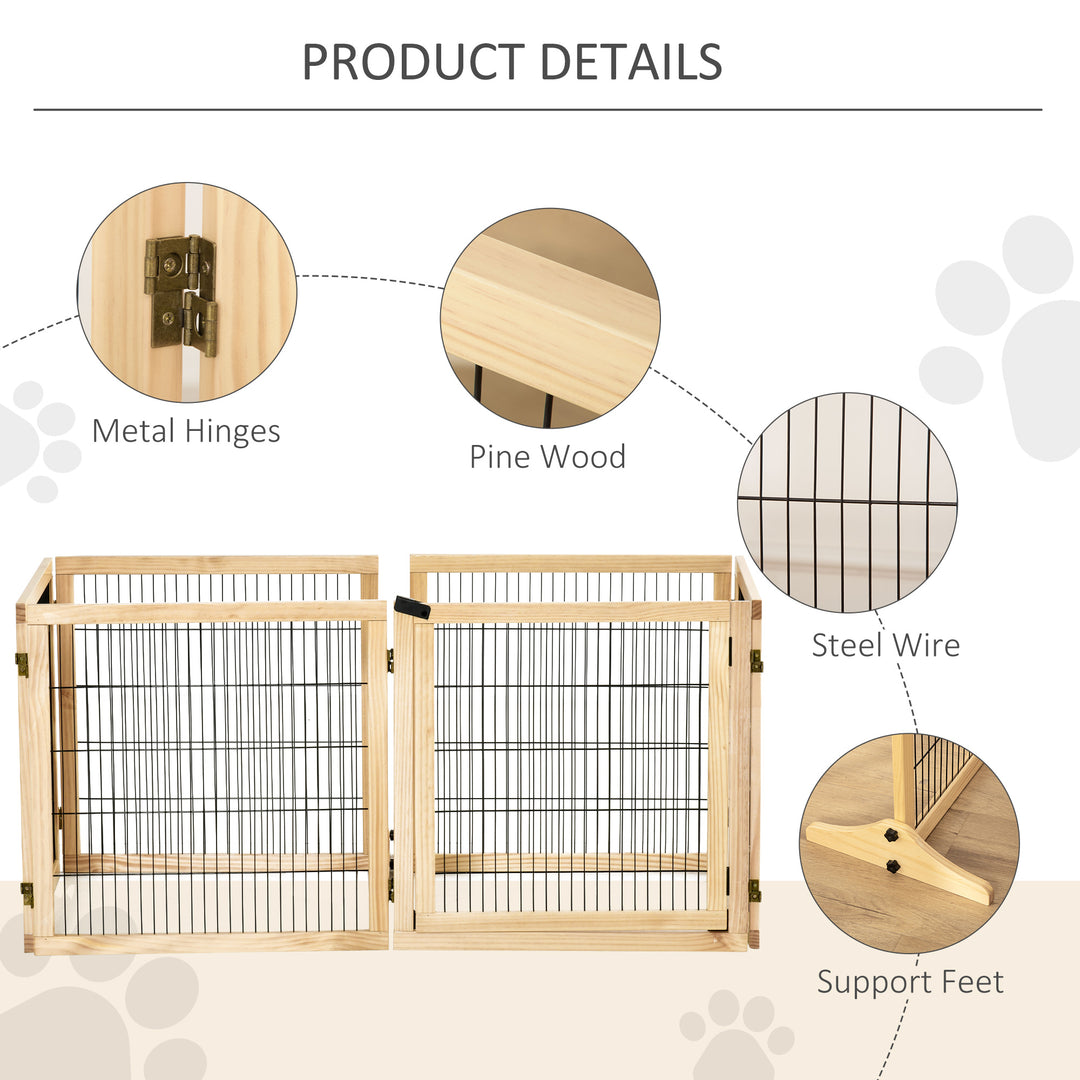 Wooden Pet Gate, Freestanding Dog Safety Barrier with Two Support Feet - Natural Tone