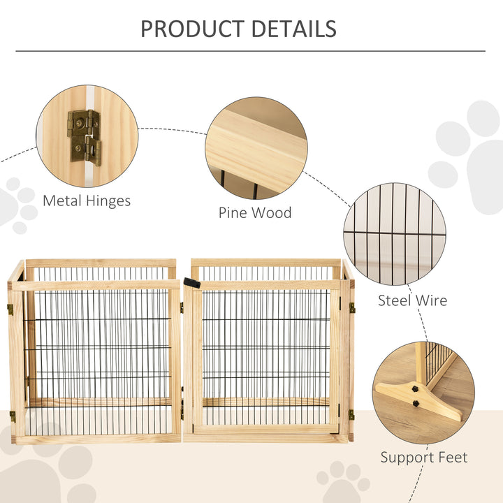 Wooden Pet Gate, Freestanding Dog Safety Barrier with Two Support Feet - Natural Tone