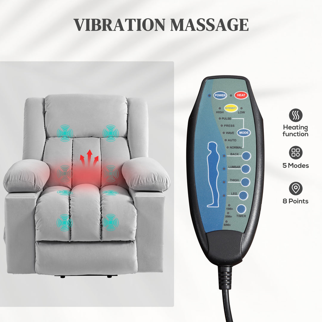 Velvet-Feel Electric Riser, Recliner and Massage Armchair - Light Grey
