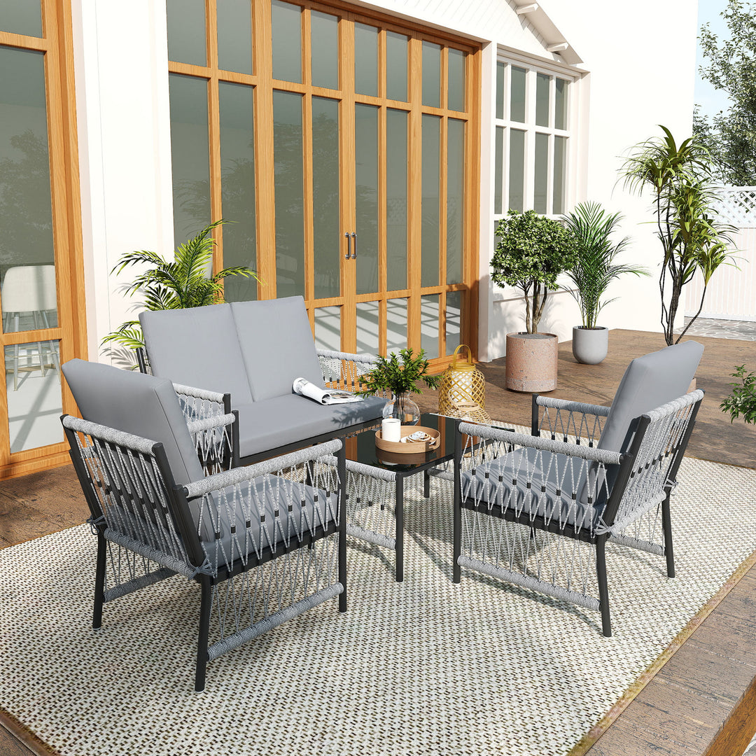 4 Piece Rattan Garden Furniture Set, 4 Seater Wicker Patio Conversation Set with 2 Armchairs, Loveseat, Glass Top Coffee Table and Cushions for Outdoor, Balcony, Grey